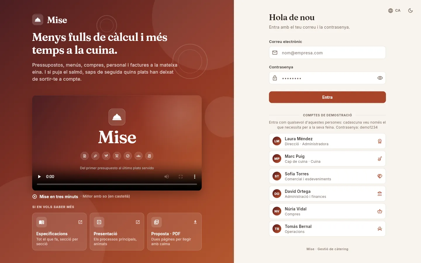 La pantalla d'accés en un ordinador: a l'esquerra, la presentació de Mise amb el seu vídeo; a la dreta, el formulari per entrar.