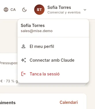 El menú de la Sofía (perfil «Comercial y eventos»): sense Usuaris ni Configuració.
