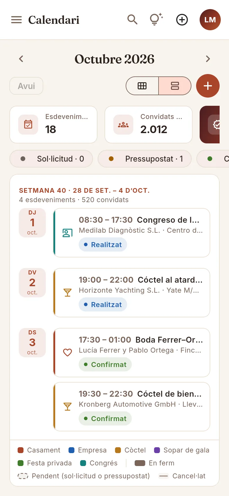 Al mòbil, el calendari s'obre a la vista d'agenda.