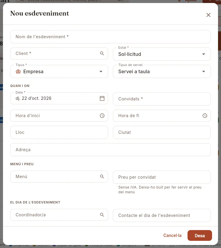 El formulari «Nou esdeveniment» obert des d'un dia buit: la data ja ve posada.