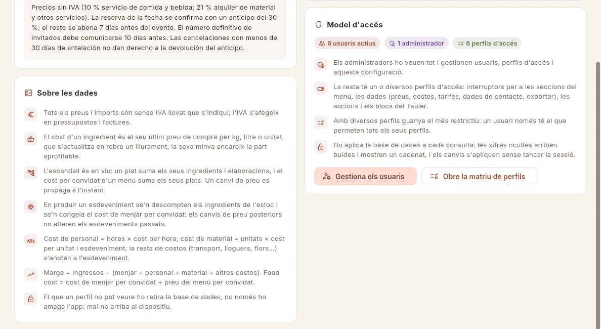 Al final de la pantalla: el resum del model d'accés i com calcula Mise les seves xifres.