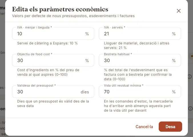 El formulari de paràmetres econòmics: tots els valors són obligatoris.