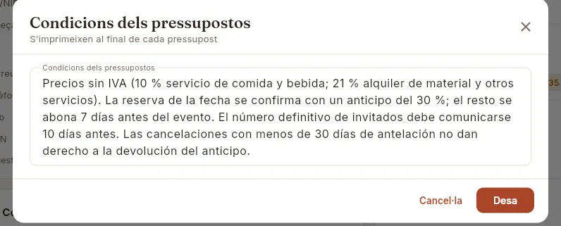 Editar les condicions que surten a cada pressupost.