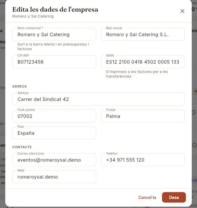 El formulari amb les dades de l'empresa.