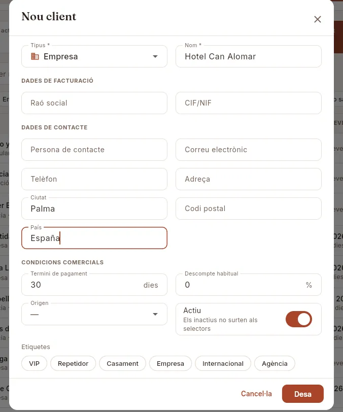 El formulari «Nou client» (no es desa).