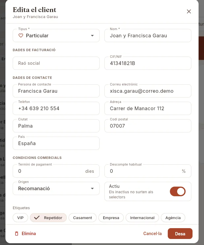 El formulari «Edita el client» d'un client sense esdeveniments.