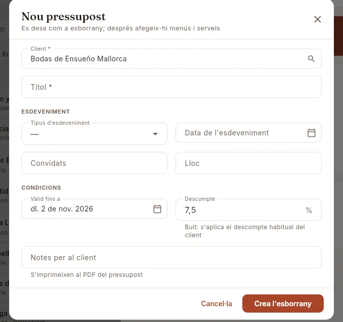 «Nou pressupost» des de la fitxa de l'agència: el client i el seu descompte ja hi són posats.