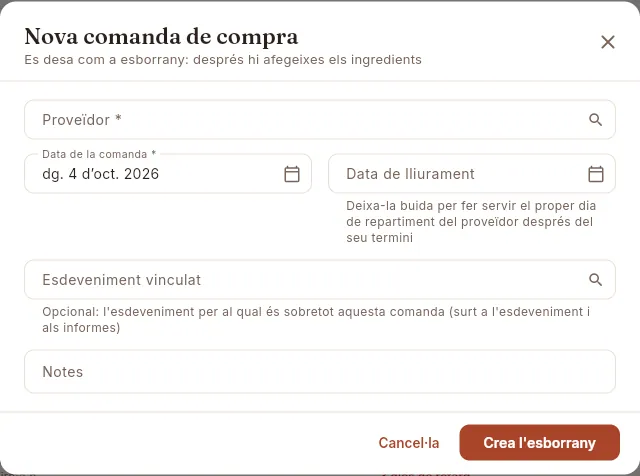 Alta d'una comanda: es desa com a esborrany i després s'hi afegeixen els ingredients.