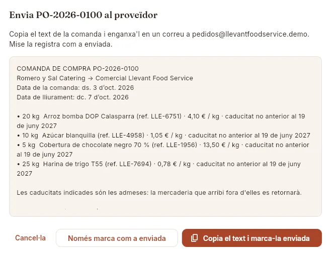 Enviar la comanda: Mise prepara el text per enviar-lo per correu, WhatsApp o telèfon.