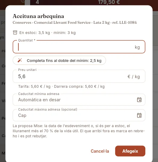 Línia nova: quantitat, preu i caducitat admesa.