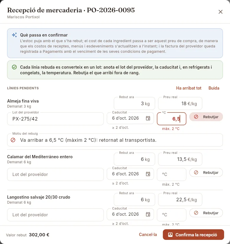 Recepció d'una comanda de marisc: la cloïssa arriba a 6,5 °C i Mise proposa rebutjar-la.