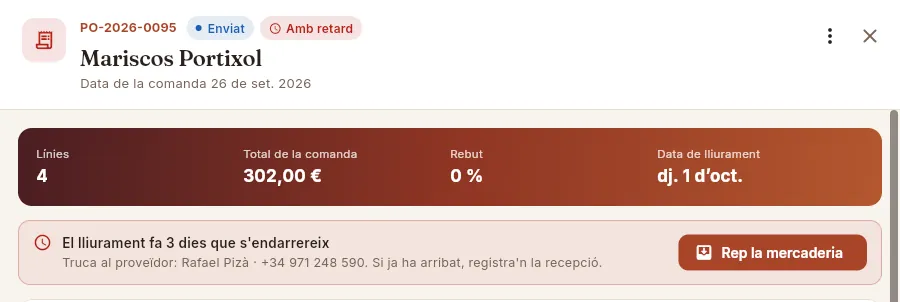 Una comanda endarrerida (Mariscos Portixol): Mise proposa trucar al proveïdor.