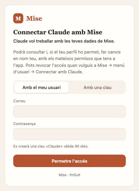 La pàgina de Mise que obre Claude quan prems «Connecta»: amb el teu usuari…