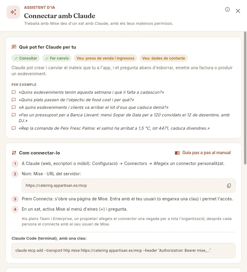 El panell «Connectar amb Claude» de la Sofía, del perfil Comercial y eventos.