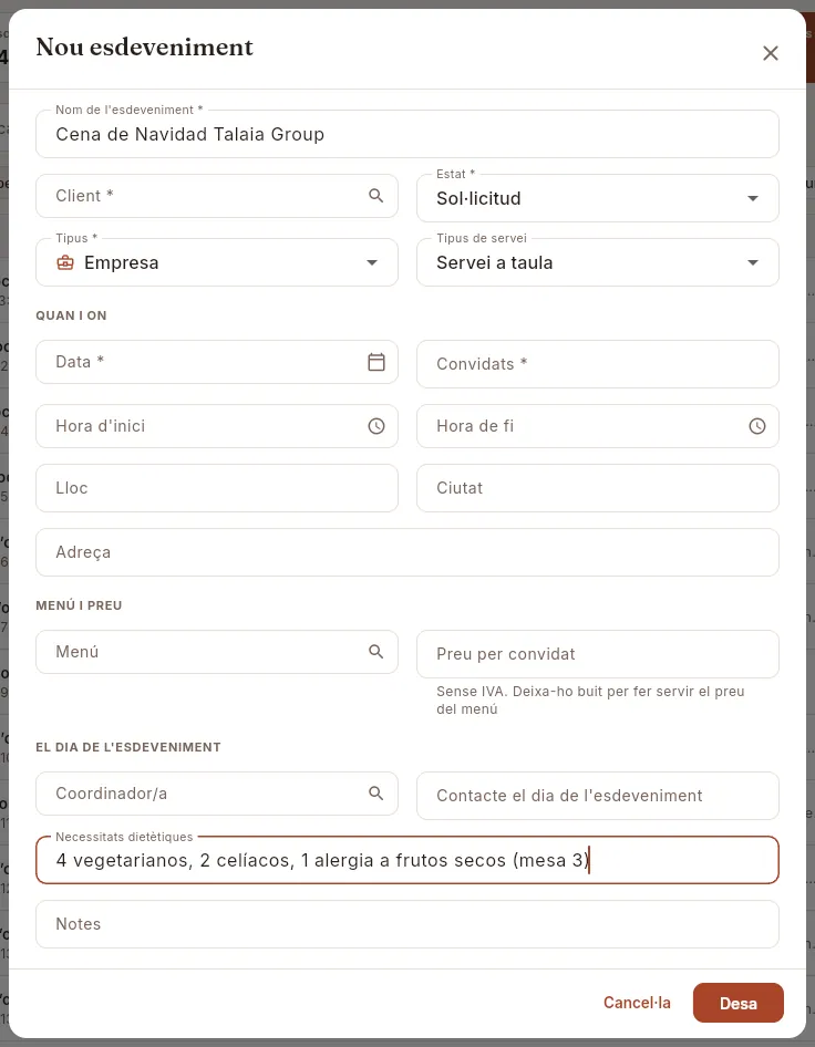 El formulari «Nou esdeveniment» (sense desar).