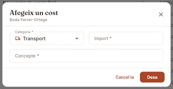 Formulari «Afegeix un cost» (sense desar).