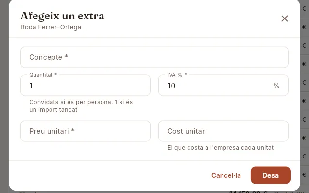 Formulari «Afegeix un extra» (sense desar).