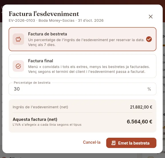 Factura de bestreta d'un esdeveniment futur (sense emetre).