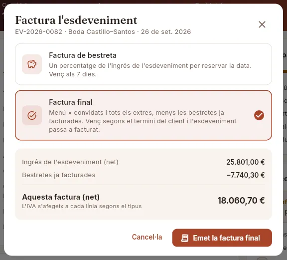 Factura final d'un esdeveniment ja celebrat (sense emetre).