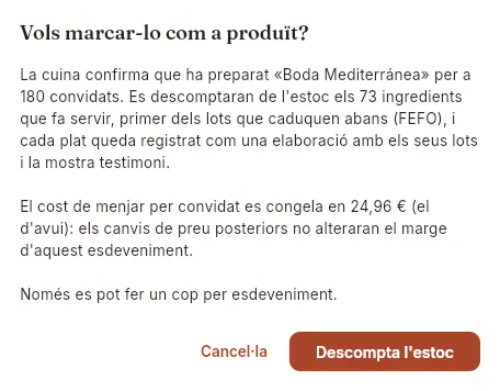Confirmació de la producció (sense confirmar).