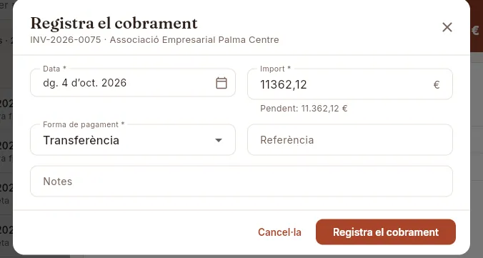 Registrar cobrament: l'import proposa el pendent.