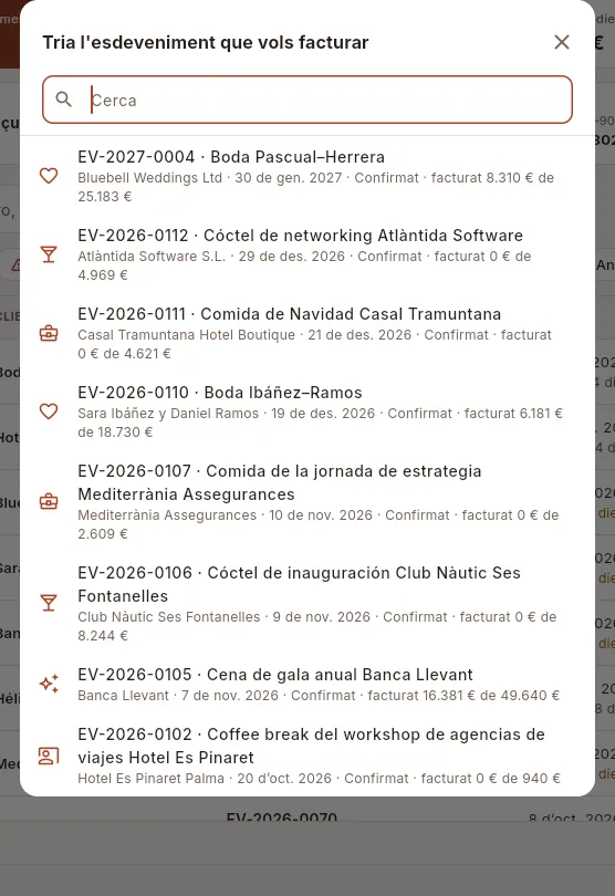 Tria l'esdeveniment que vols facturar.