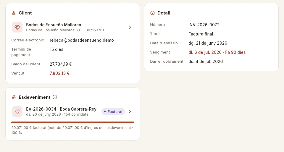 Al final de la fitxa: el client amb el seu saldo, el detall de la factura i l'esdeveniment amb el que s'ha facturat.