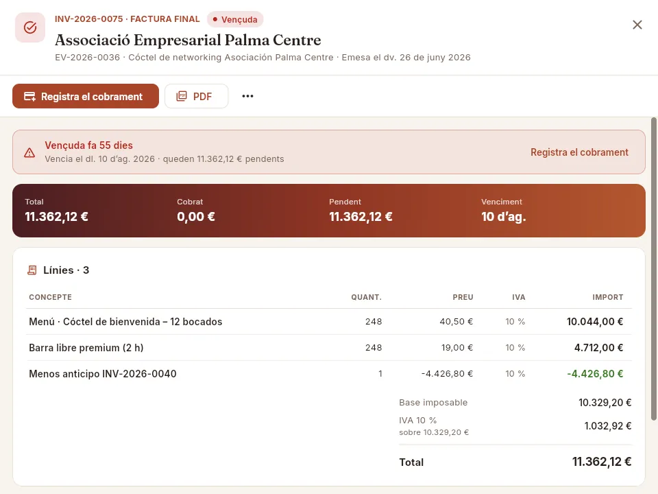 Fitxa d'una factura final vençuda: avisos, xifres de cobrament i línies, amb la bestreta descomptada.