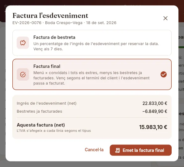 Factura final d'un esdeveniment que ja té una bestreta: Mise la descompta.