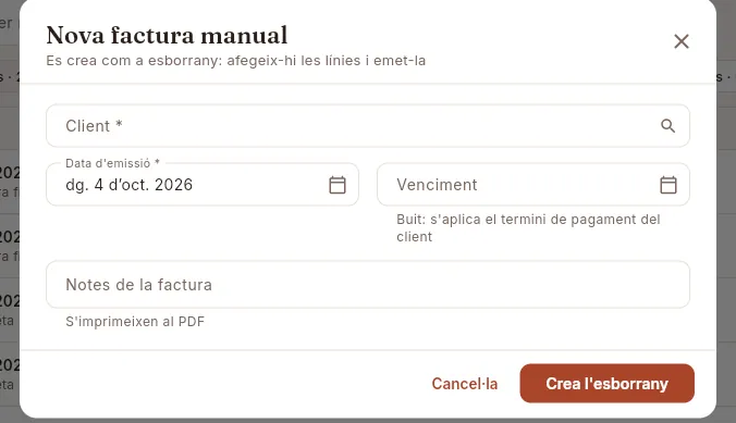 Nova factura manual: es crea com a esborrany i després hi afegeixes les línies.