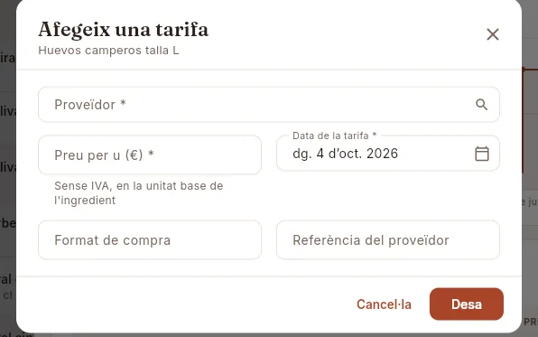 El formulari Afegeix una tarifa.