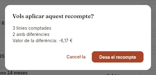 La confirmació abans d'aplicar el recompte.