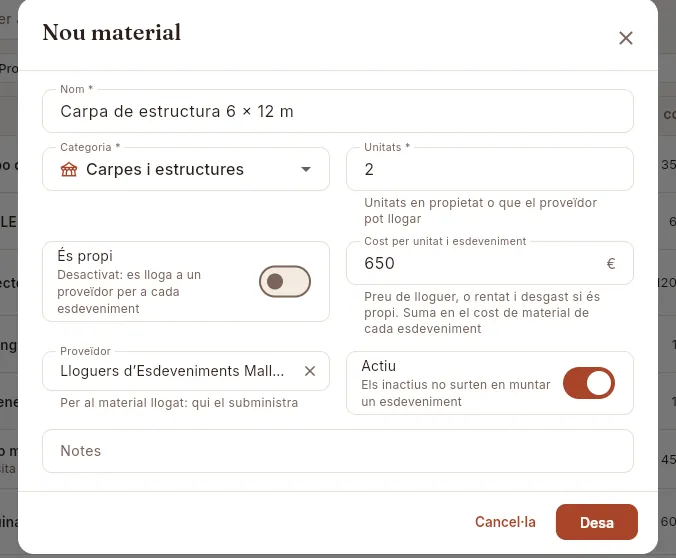 L'alta d'un article llogat, emplenada i a punt de desar.