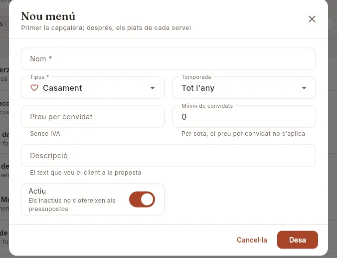 El formulari Nou menú: primer la capçalera; els plats s'afegeixen després, a la seva fitxa.