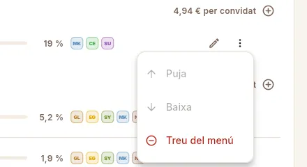 Més opcions d'un plat del menú.