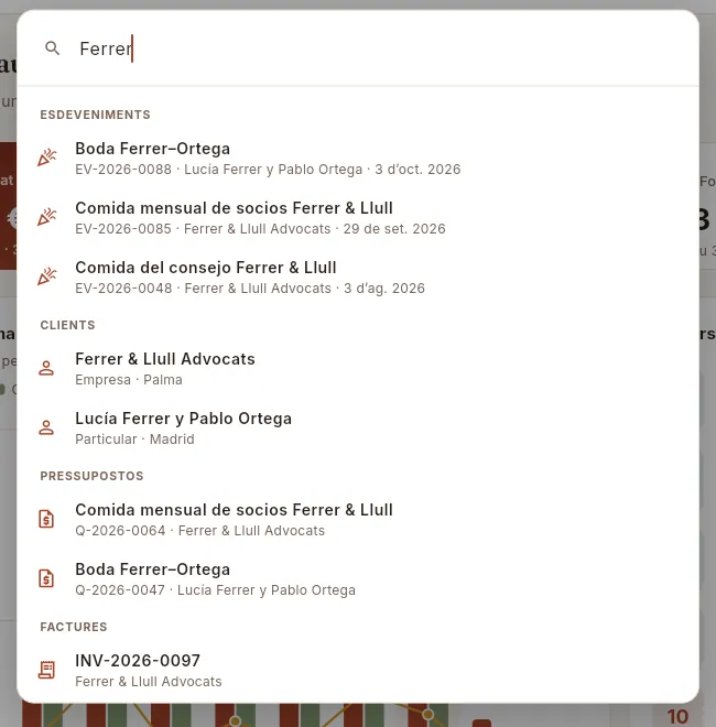 Cerca de «Ferrer»: esdeveniments, clients, pressupostos i factures, agrupats.