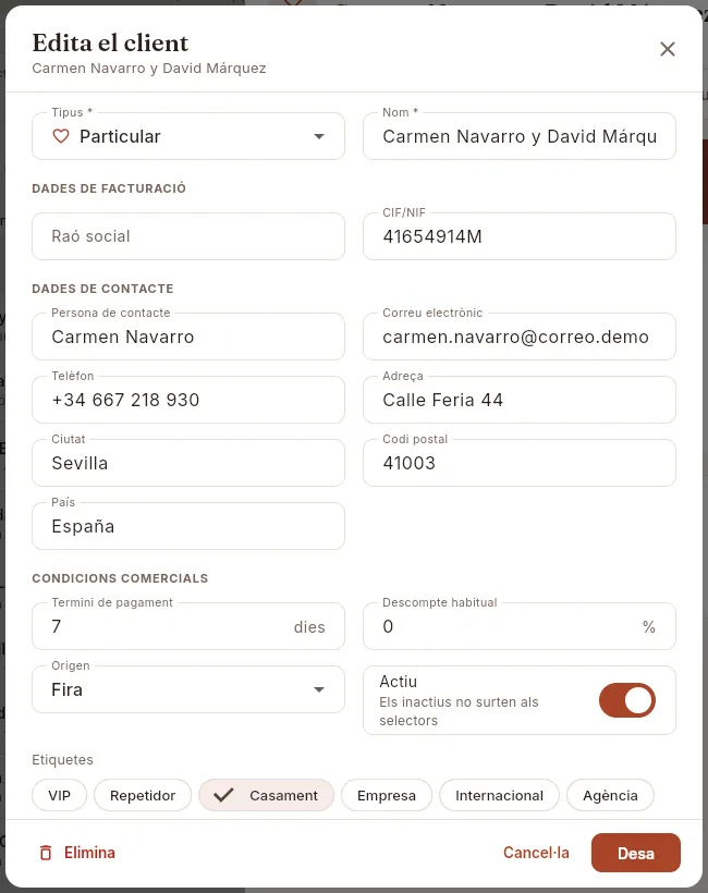 El formulari per editar un client.