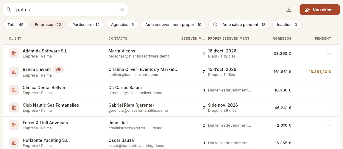 Cercar i filtrar alhora: empreses el text de les quals conté «palma».