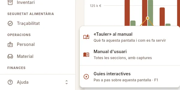 El menú «Ajuda» del peu de la barra lateral.