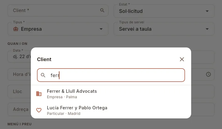 Triar un client des del formulari d'un esdeveniment.