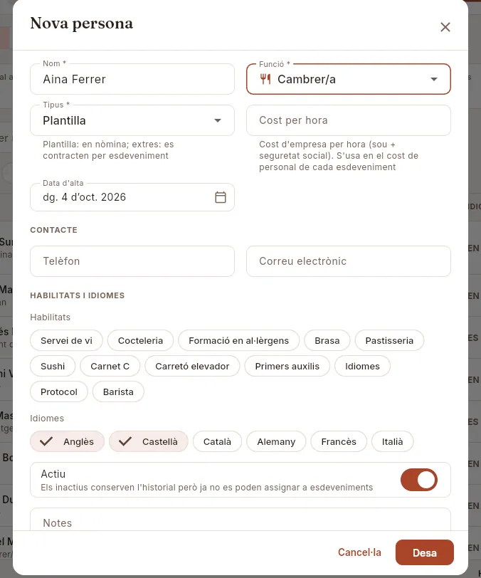 El formulari d'alta d'una persona, a mig emplenar.