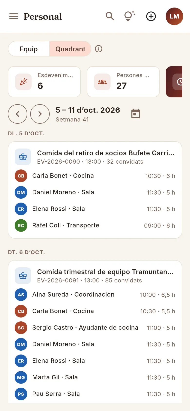 El quadrant al mòbil: la setmana com a agenda, dia a dia.