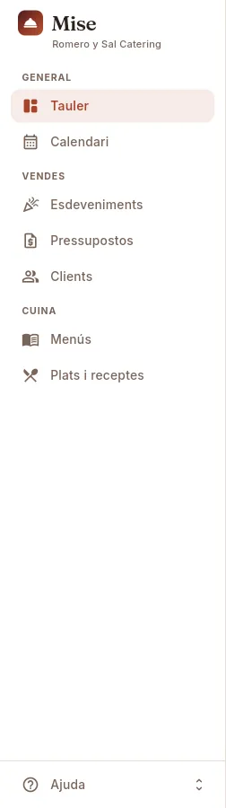 El menú del perfil Comercial y eventos.