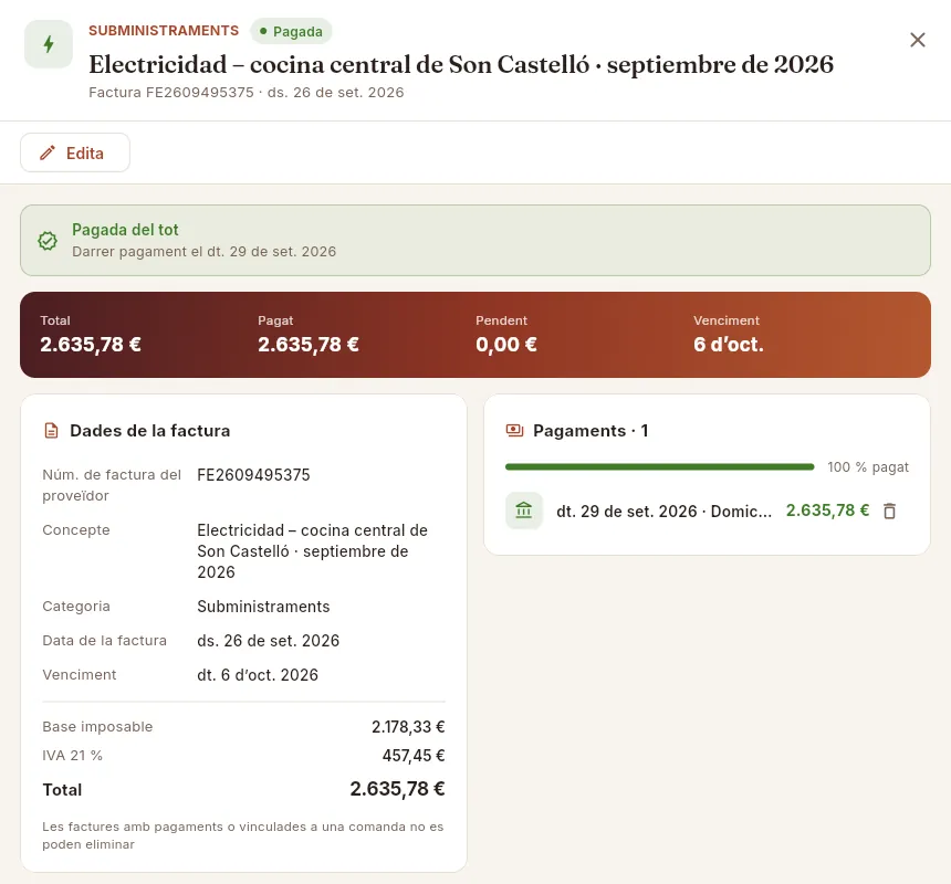 Una despesa sense proveïdor (la llum), ja pagada per domiciliació.