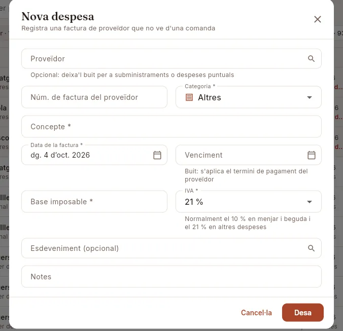 Nova despesa: una factura de proveïdor que no ve d'una comanda.