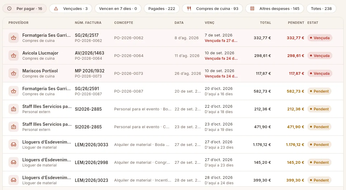 Les columnes de Pagaments: proveïdor i categoria, número de factura i comanda, concepte, dates, imports i estat.