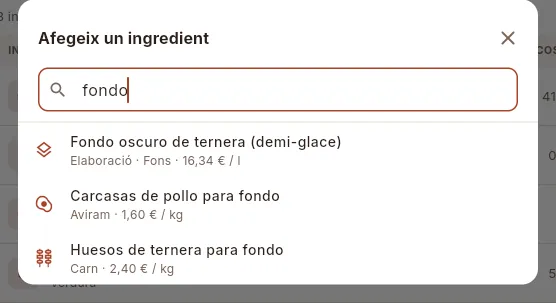 El cercador d'Afegeix un ingredient, amb «fondo» escrit.