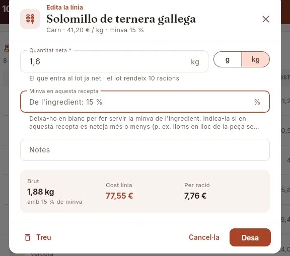 Edita la línia: la línia del filet, amb el càlcul en viu.