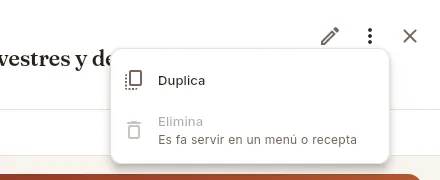 El menú Més opcions de la fitxa d'un plat.