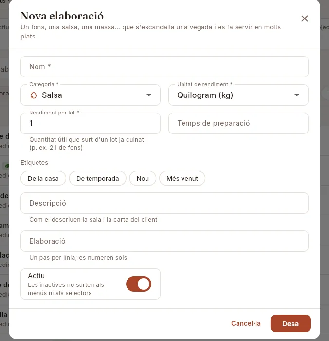 El formulari Nova elaboració.
